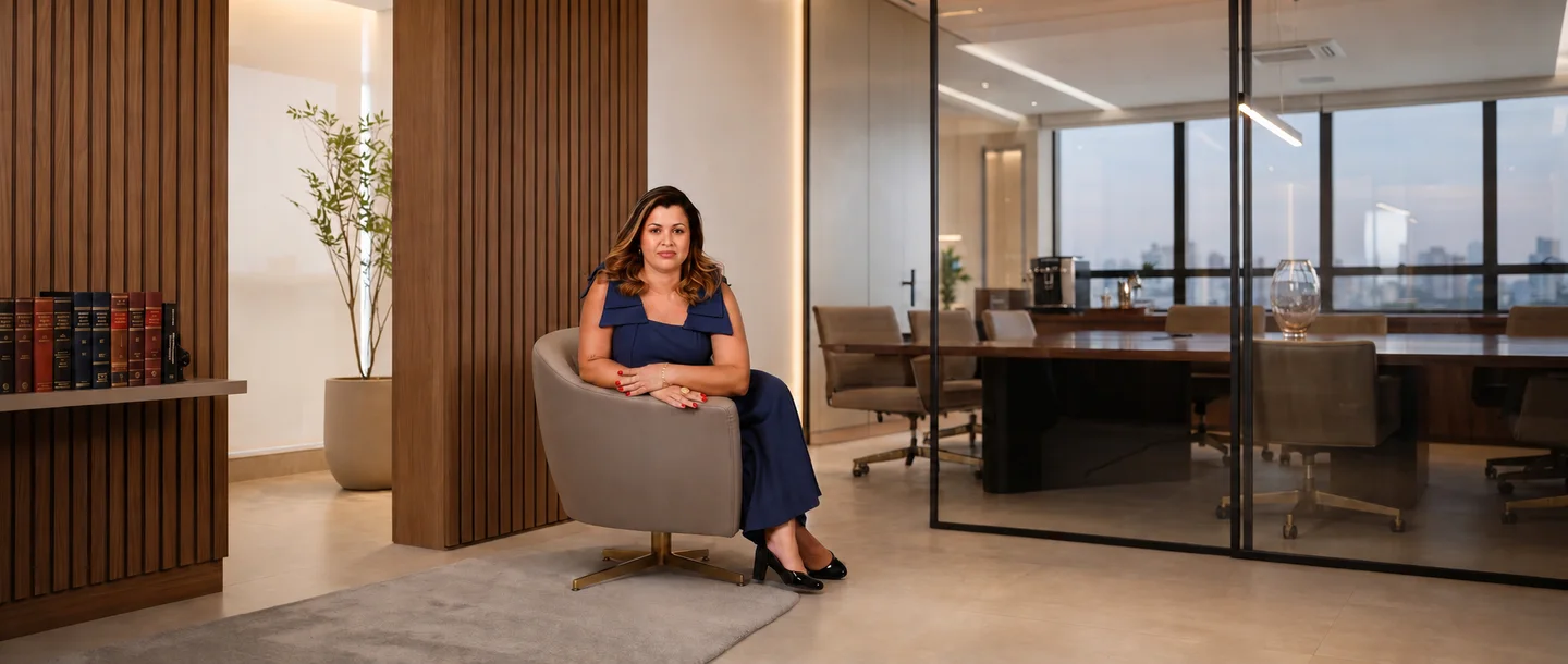Dra. Glori em ambiente corporativo com sala de reuniões ao fundo.