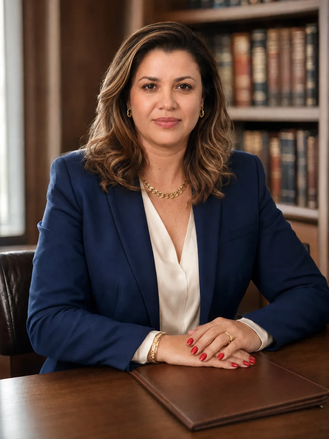 Dra. Glori à mesa com uma pasta de documentos para análise.